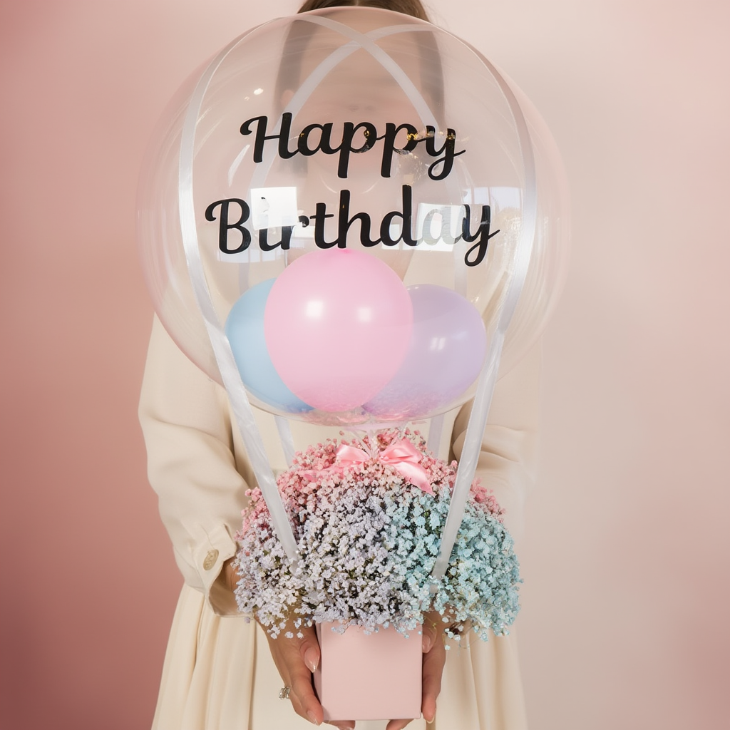 Luxury white flower box with colorful gypsophila flowers and a decorative hot air balloon beautifully arranged in an elegant floral design.