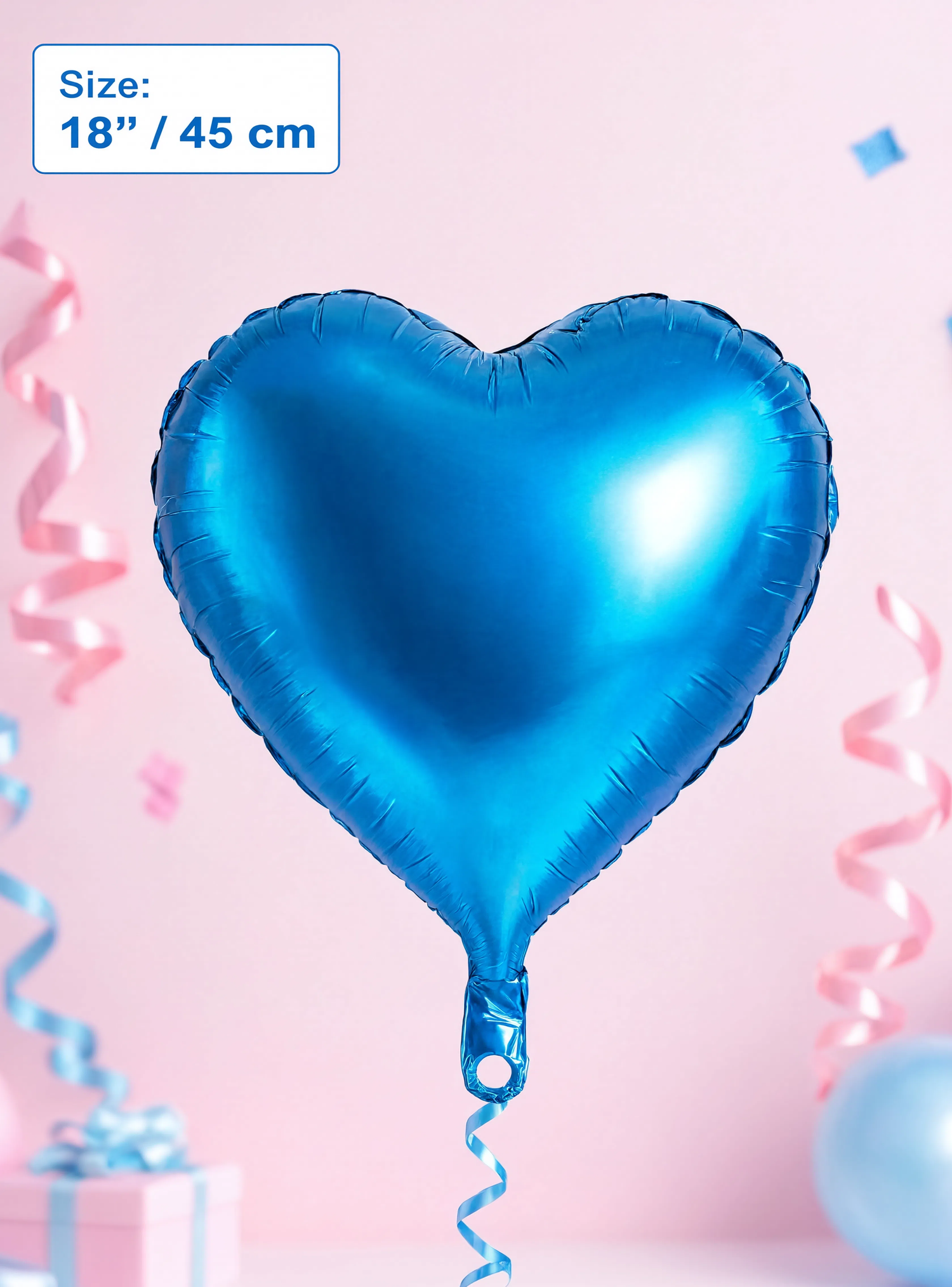 18-inch metallic blue heart-shaped foil balloon for birthdays, baby showers, weddings, anniversaries, and party decorations.
