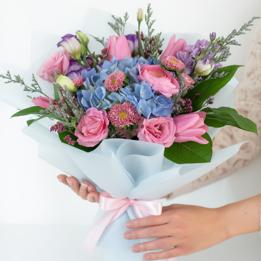 Bouquet of flowers with pink, blue, and green colors held by a person on a white background