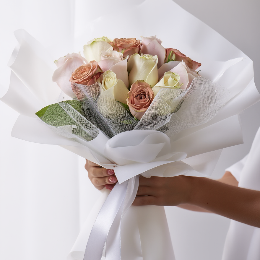 Bouquet of flowers wrapped in white paper held by a person against a white background