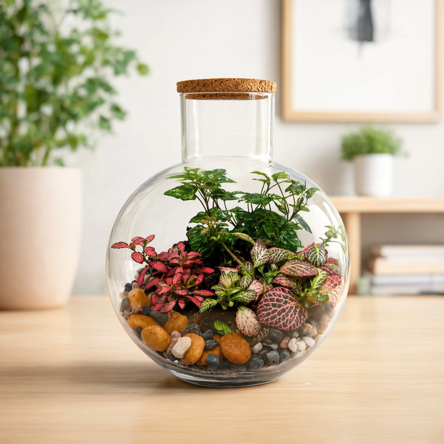 Handmade Fittonia glass bulb terrarium with pink and green nerve plants, decorative pebbles, and a cork lid for indoor home décor.