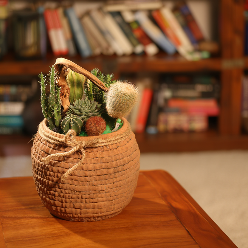 Rustic Mixed Cactus &amp; Succulent Garden in Decorative Woven Basket