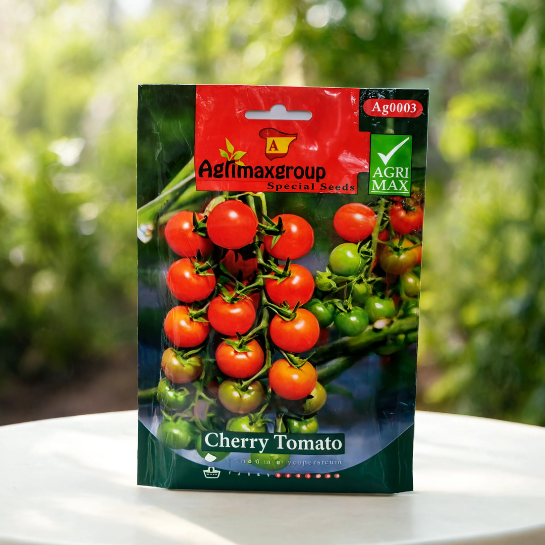 Agrimax Cherry Tomato seeds packet for growing sweet red cherry tomatoes in home gardens, containers, greenhouses, and vegetable farms.