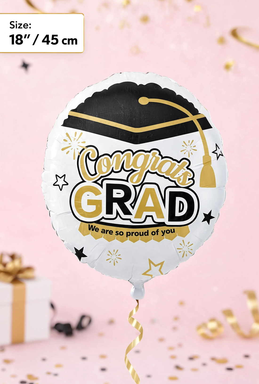 18-inch Congrats Grad graduation foil balloon with black graduation cap and gold lettering for graduation party decorations.