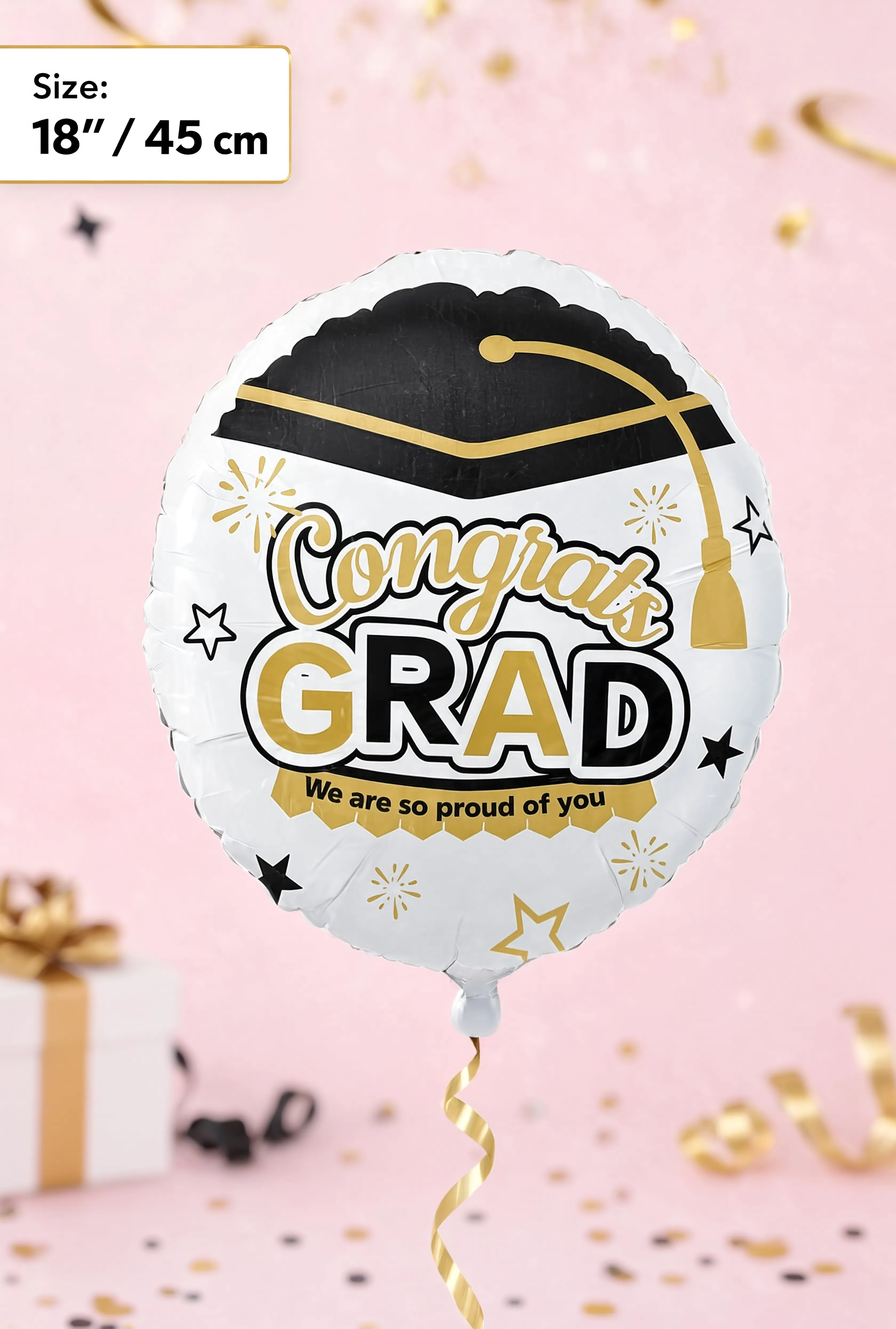 18-inch Congrats Grad graduation foil balloon with black graduation cap and gold lettering for graduation party decorations.
