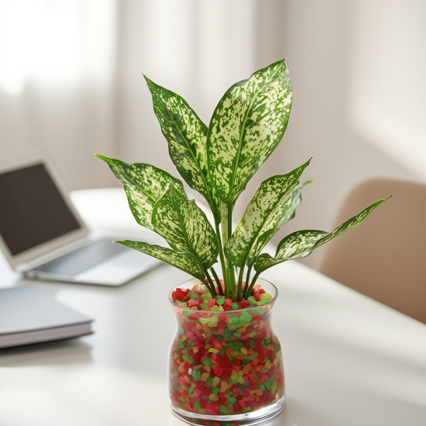 Aglaonema  Evergreen Hydroponic Indoor Plant in Glass Vase – Decorative Office Desk Plant with Pebbles | Air Purifying Plant U