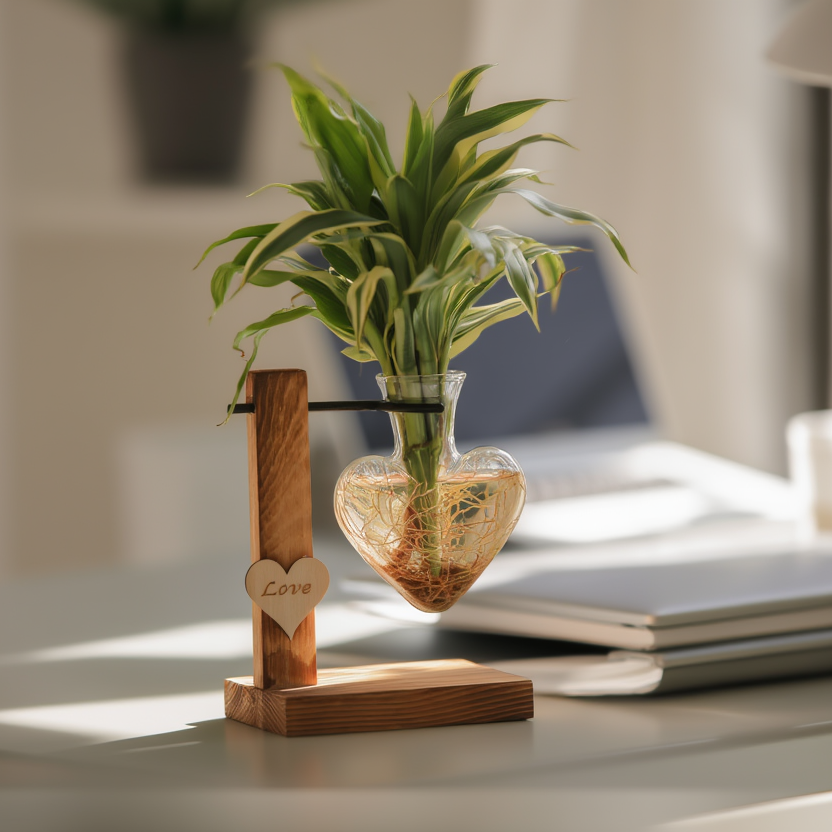 Lucky Bamboo Hydroponic Plant in Heart-Shaped Glass Vase with Wooden Stand – Romantic Feng Shui Desk Plant | Unique Gift