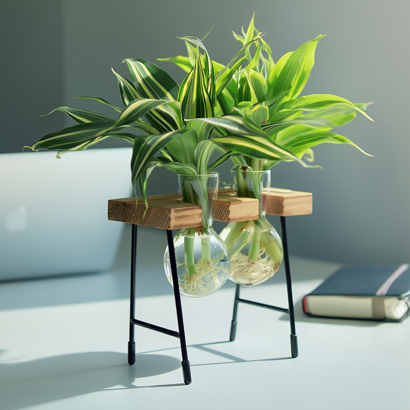 Variegated Lucky Bamboo Hydroponic Plant Set in Hanging Glass Bulb Vases with Wooden Stand – Modern Desk Plant Décor
