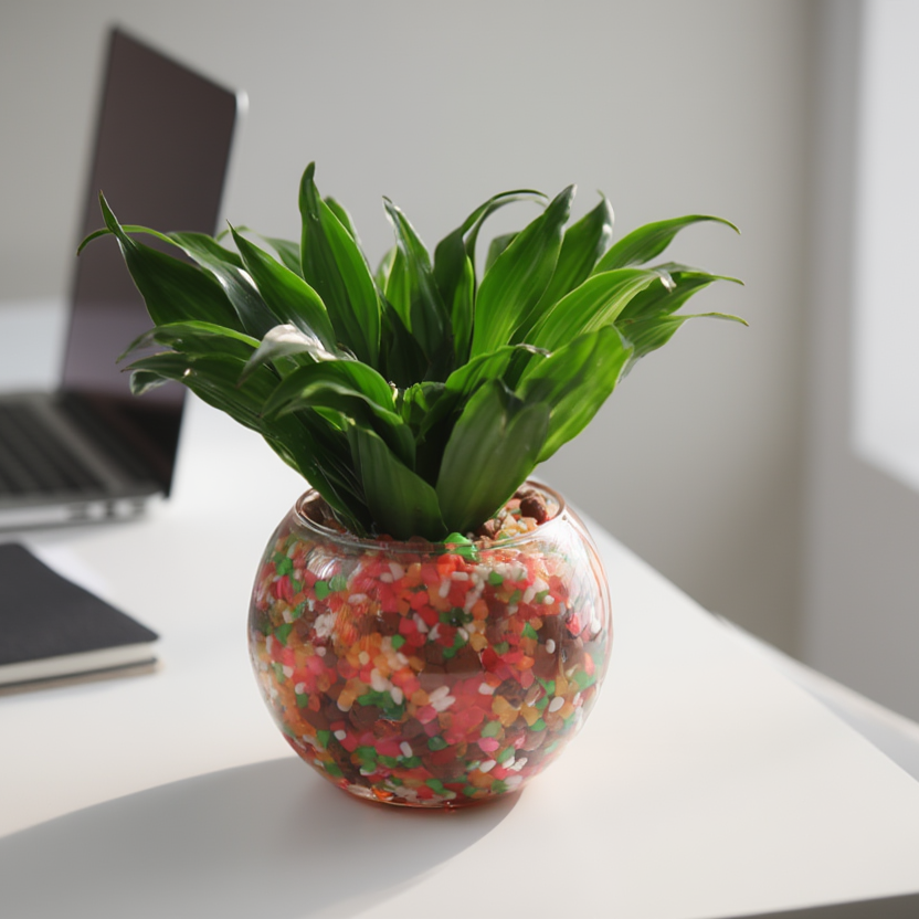 Dracaena Compacta Hydroponic Indoor Plant in Glass Bowl – Decorative Desk Plant with Colorful Pebbles | Modern Office Plant