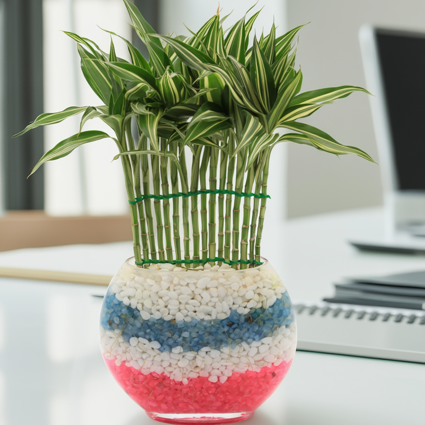 Variegated Lucky Bamboo Hydroponic Plant in Decorative Glass Bowl – Feng Shui Indoor Desk Plant with Layered Pebbles | Good Luck Plant