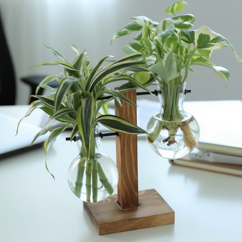 Hydroponic Indoor Plant Duo in Hanging Glass Bulb Vases with Wooden Stand – Dracaena &amp; Pothos Decorative Desk Plant Set