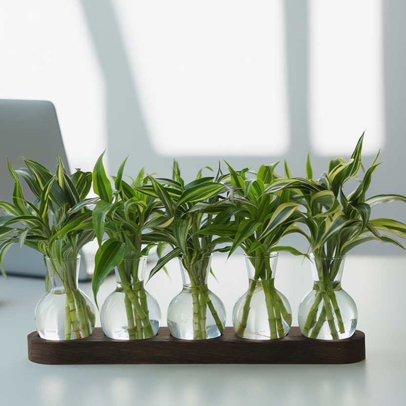 Lucky Bamboo Hydroponic Plant Set in Glass Bulb Vases with Wooden Tray – Modern Indoor Desk Plant Arrangement | Decorative Office Plant