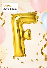Gold Letter F foil balloon 32 inch (81 cm) metallic alphabet balloon for birthday, wedding, baby shower, anniversary, party decoration and same-day balloon delivery in Dubai.