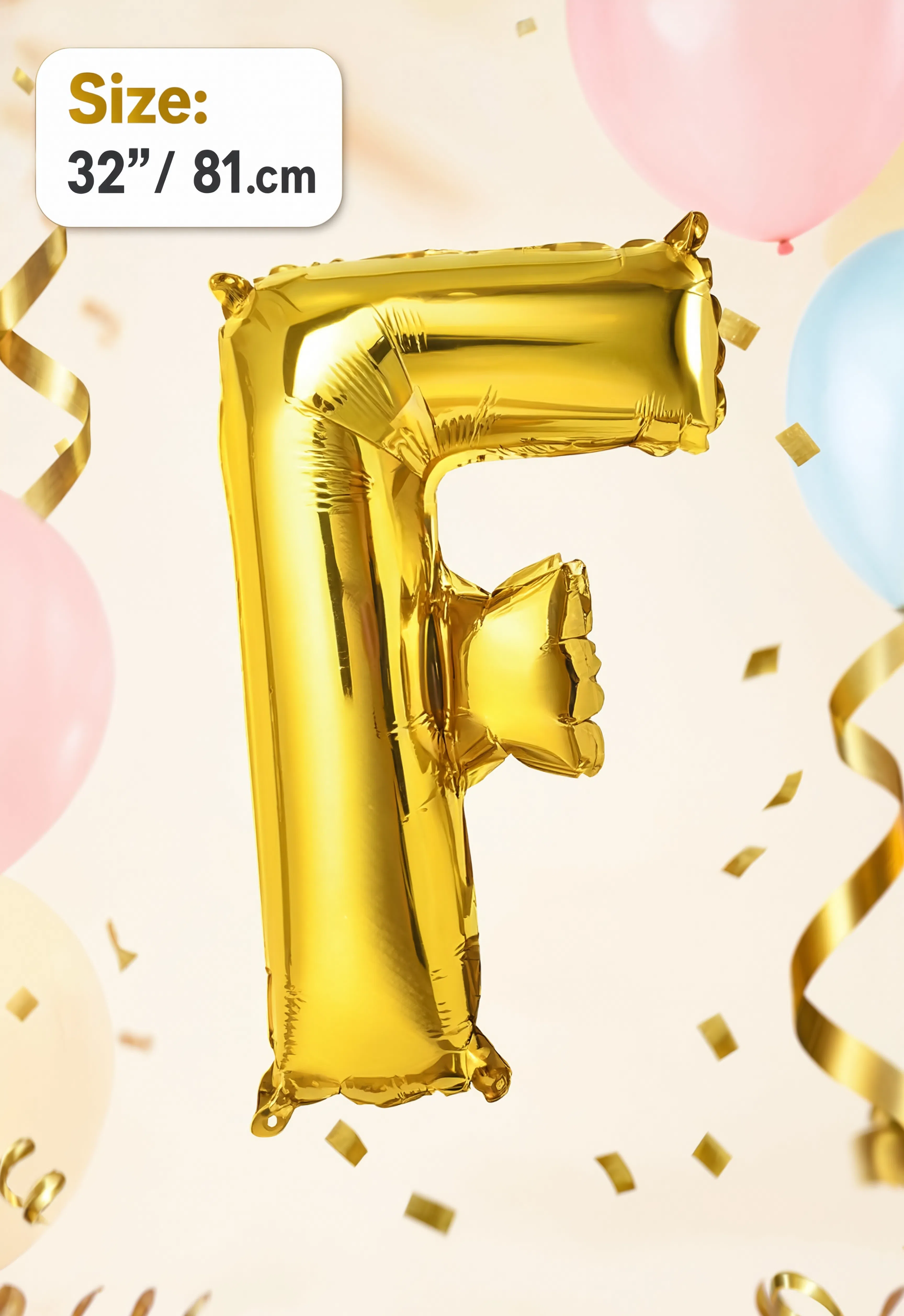 Gold Letter F foil balloon 32 inch (81 cm) metallic alphabet balloon for birthday, wedding, baby shower, anniversary, party decoration and same-day balloon delivery in Dubai.