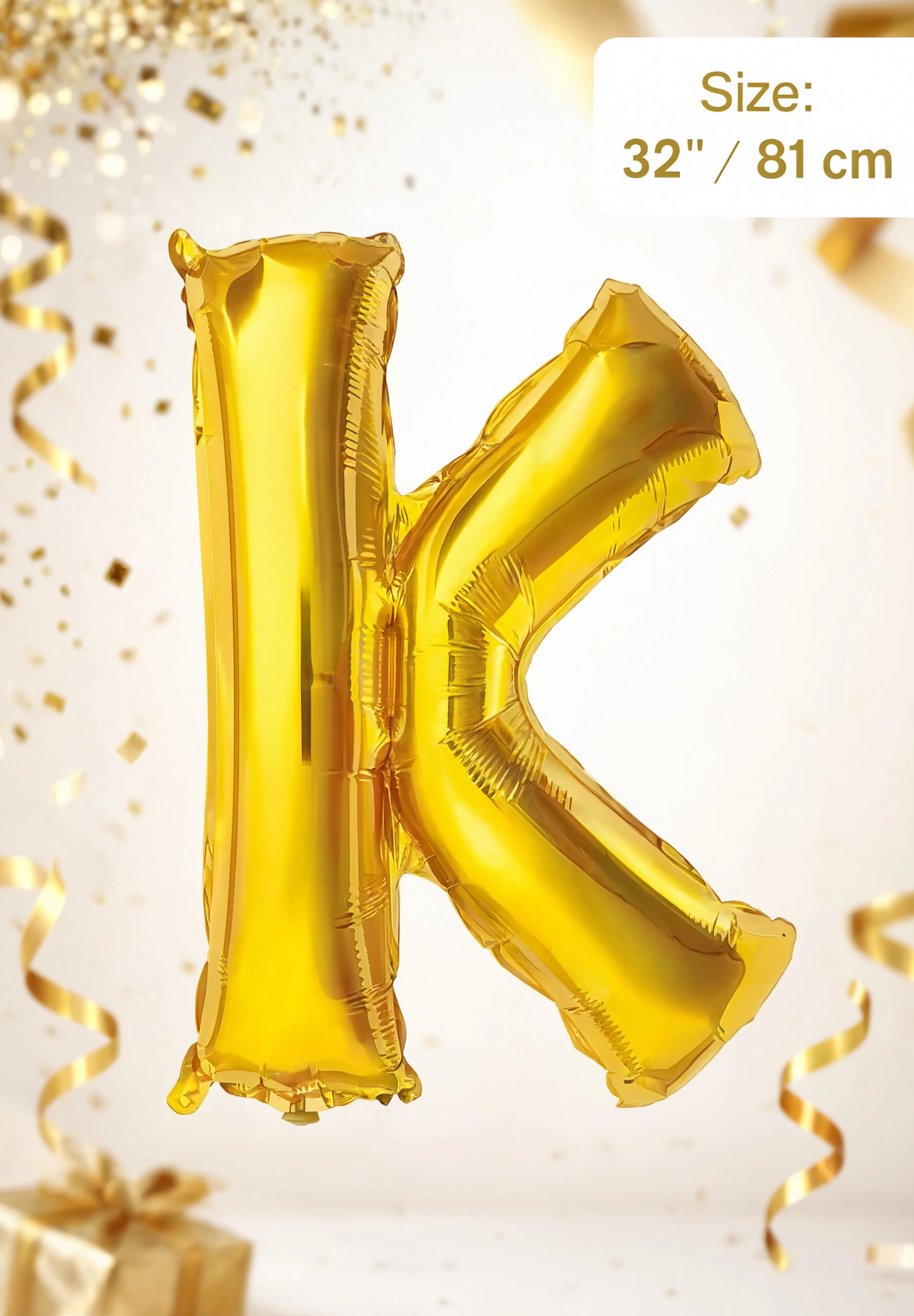 Gold Letter K foil balloon 32 inch (81 cm) metallic alphabet balloon for birthday, wedding, baby shower, anniversary, party decoration and same-day balloon delivery in Dubai.