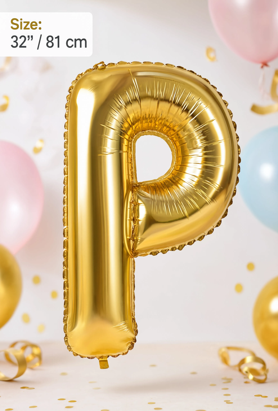 Gold Letter P foil balloon 32 inch (81 cm) metallic alphabet balloon for birthday, wedding, baby shower, anniversary, party decoration and same-day balloon delivery in Dubai.