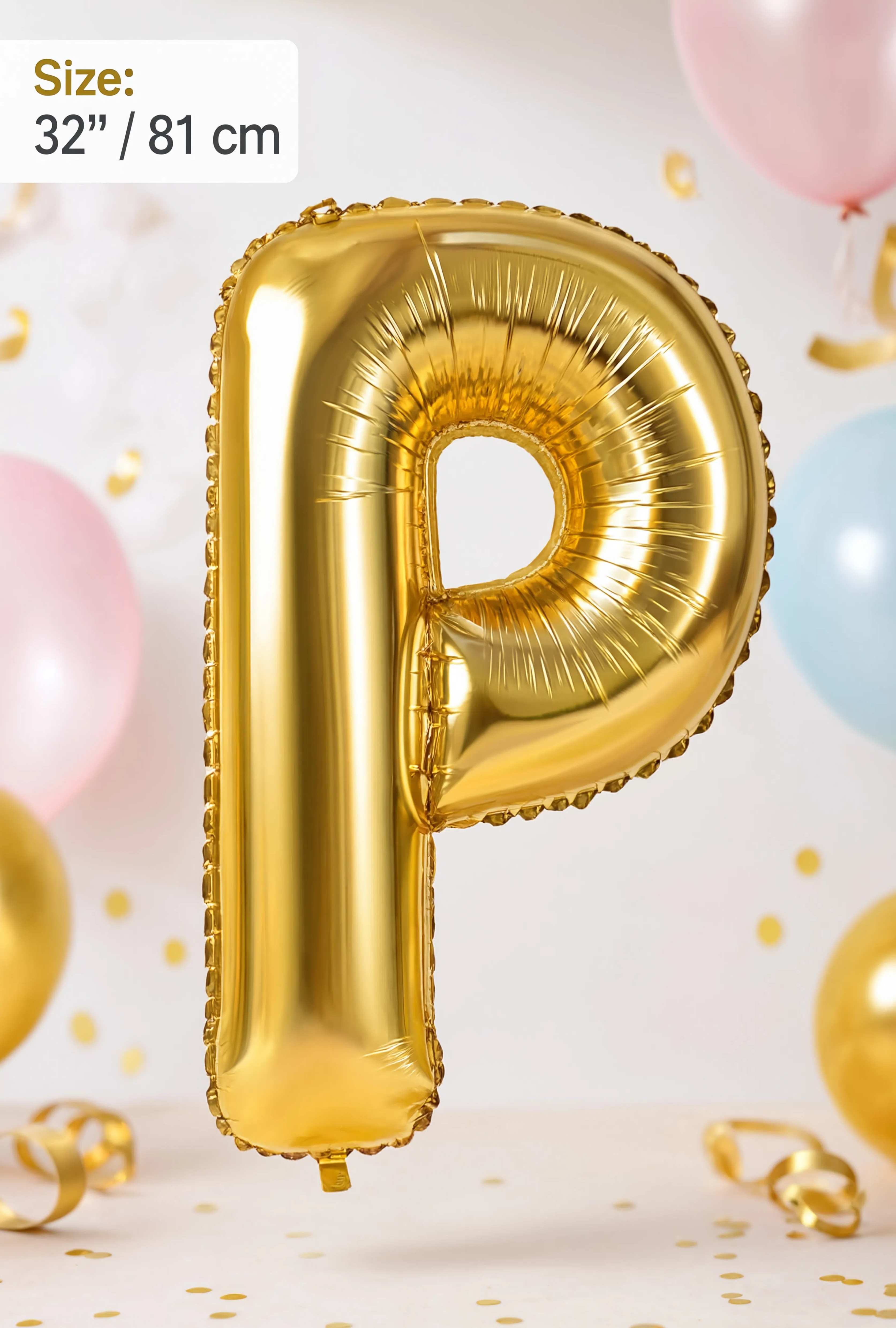 Gold Letter P foil balloon 32 inch (81 cm) metallic alphabet balloon for birthday, wedding, baby shower, anniversary, party decoration and same-day balloon delivery in Dubai.