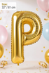 Gold Letter P foil balloon 32 inch (81 cm) metallic alphabet balloon for birthday, wedding, baby shower, anniversary, party decoration and same-day balloon delivery in Dubai.