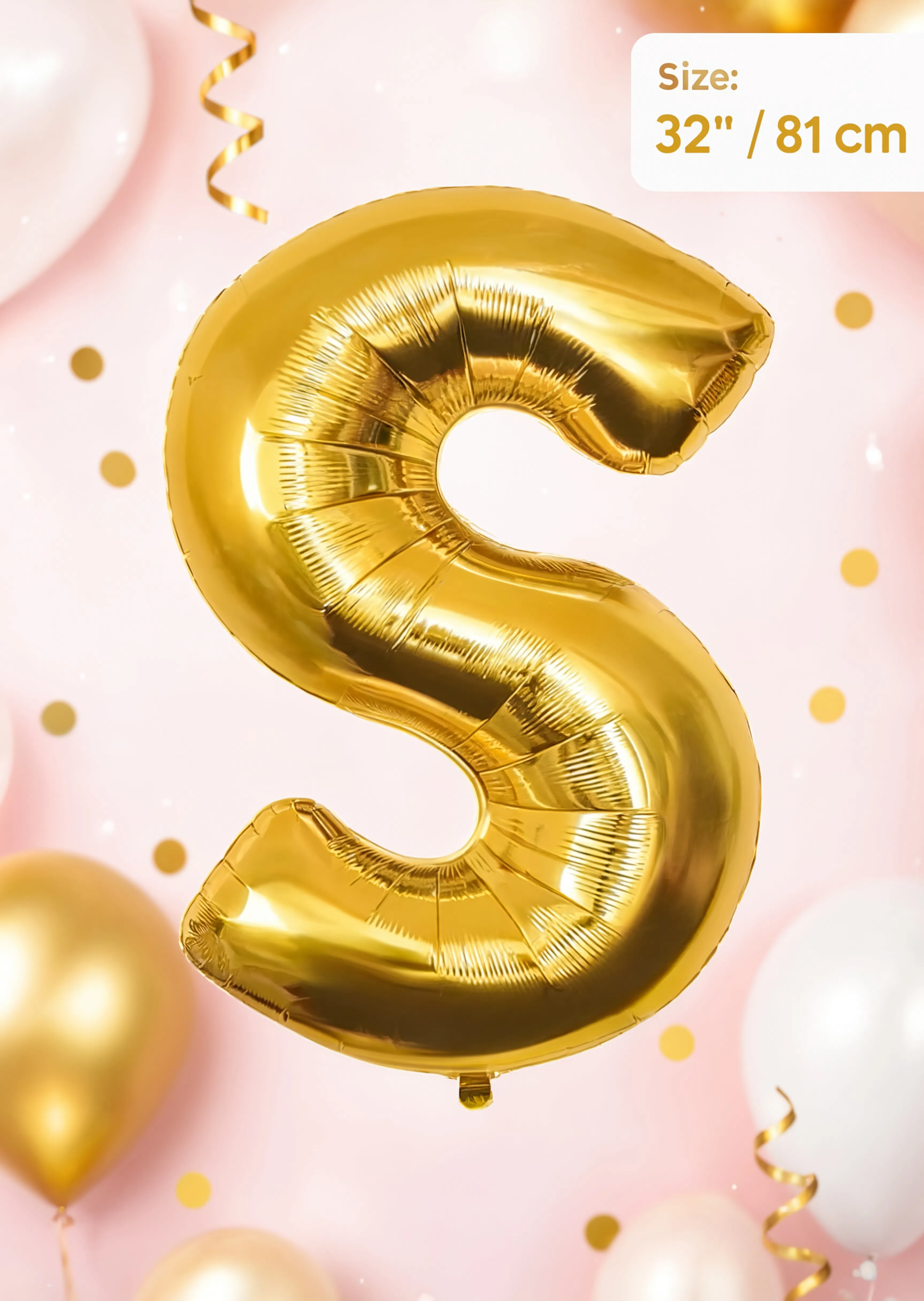 Gold Letter S foil balloon 32 inch (81 cm) metallic alphabet balloon for birthday, wedding, baby shower, anniversary, party decoration and same-day balloon delivery in Dubai.