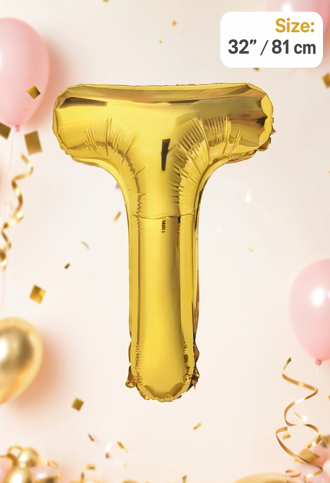 Gold Letter T foil balloon 32 inch (81 cm) metallic alphabet balloon for birthday, wedding, baby shower, anniversary, event decoration, and same-day balloon delivery in Dubai.