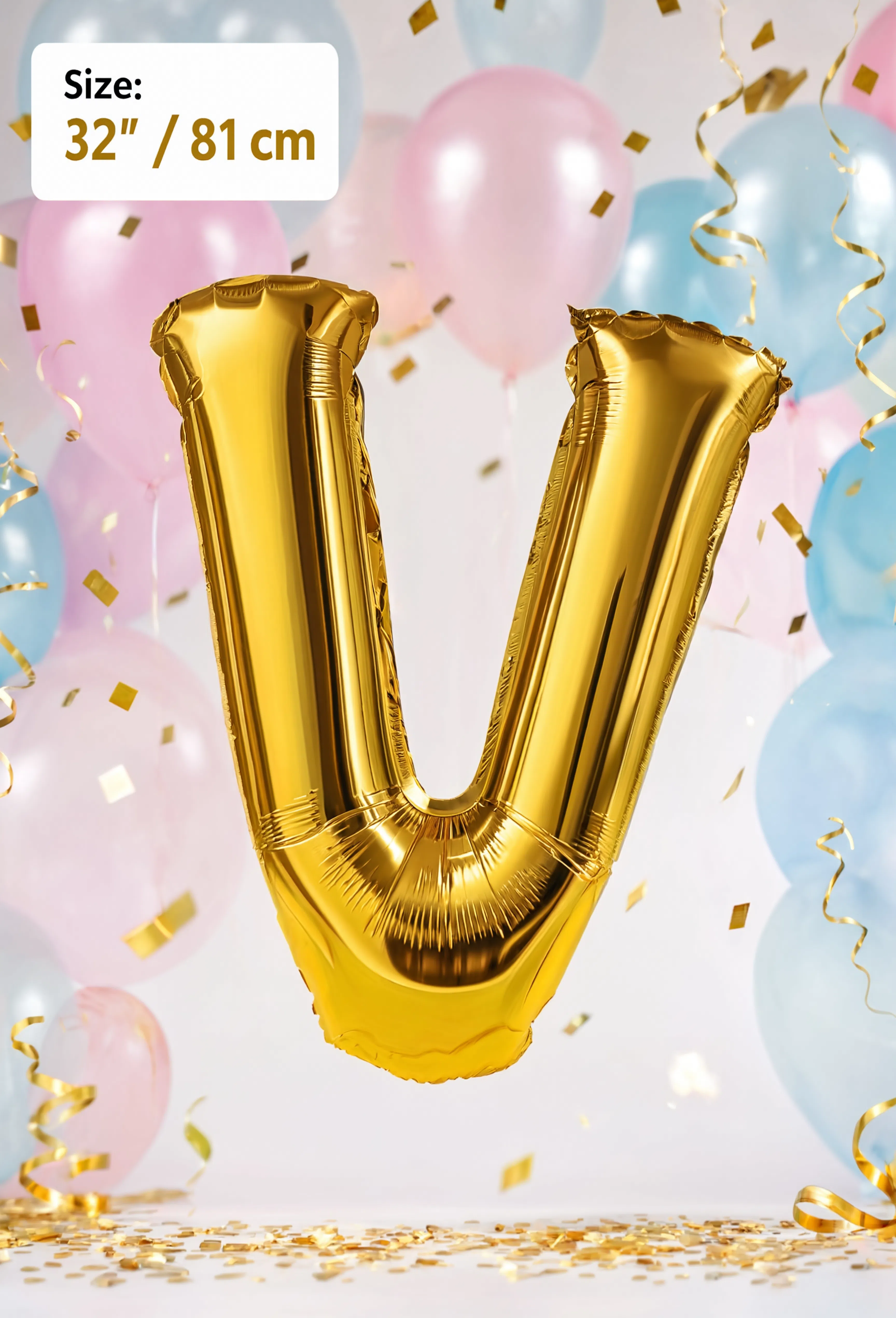 Gold Letter V foil balloon 32 inch (81 cm) metallic alphabet balloon for birthday, wedding, baby shower, anniversary, party decoration, and same-day balloon delivery in Dubai.