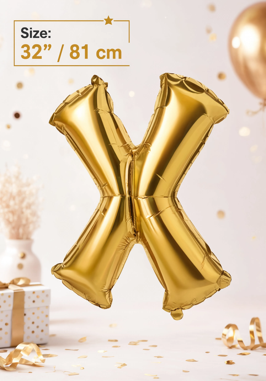 Gold Letter X foil balloon 32 inch (81 cm) metallic alphabet balloon for birthday, wedding, baby shower, anniversary, party decoration, and same-day balloon delivery in Dubai.