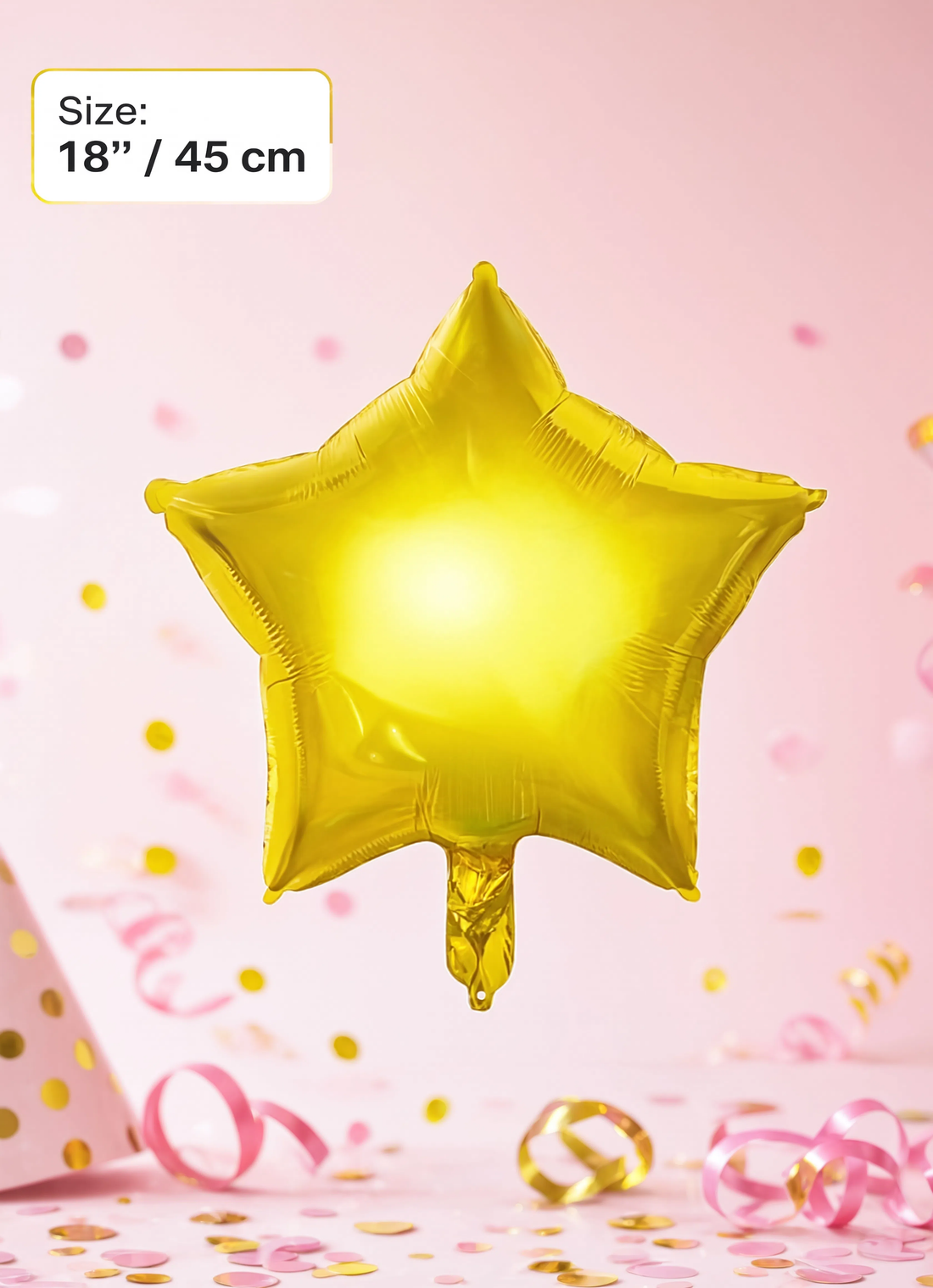 18-inch metallic gold star-shaped foil balloon for birthdays, weddings, graduations, baby showers, and party decorations.