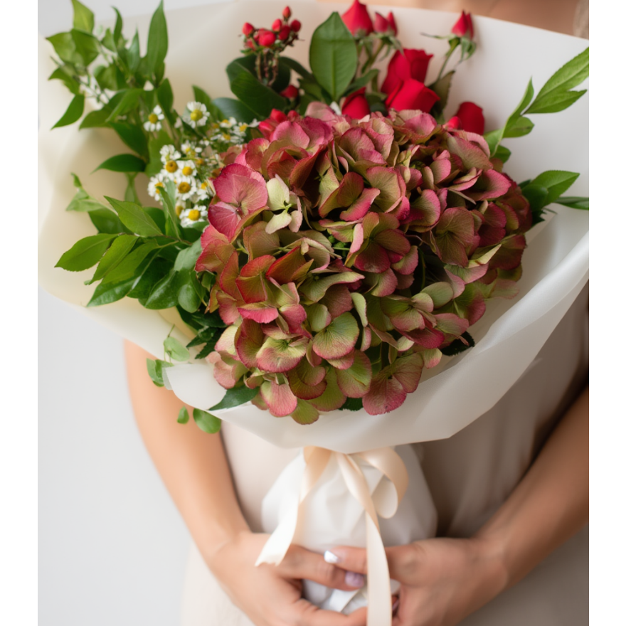 Bouquet of flowers held by a person on a plain background