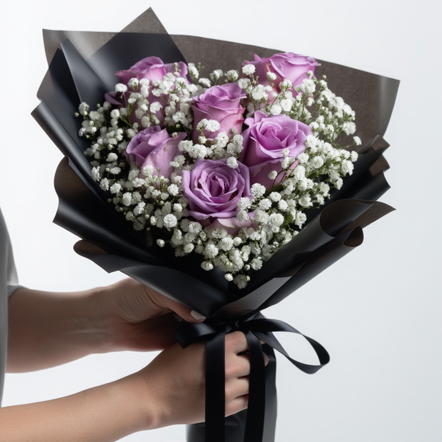 Bouquet of purple roses and white flowers wrapped in black paper held by a person against a light gray background