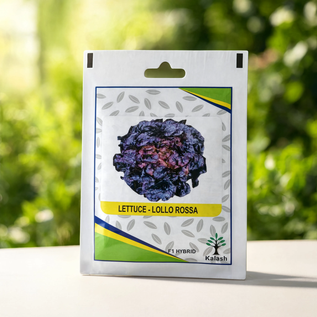 Kalash Lollo Rossa F1 Hybrid lettuce seeds packet for growing red curly leaf lettuce in home gardens, hydroponics, greenhouses, and commercial vegetable farms.