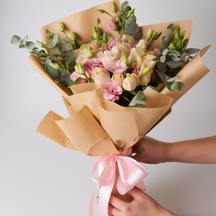 Bouquet of flowers wrapped in brown paper with a pink ribbon held by hands on a light gray background
