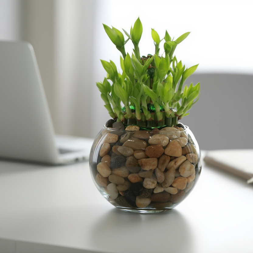 Mini Lucky Bamboo Hydroponic Indoor Plant in Glass Bowl with Natural Pebbles – Feng Shui Desk Plant | Good Luck Plant