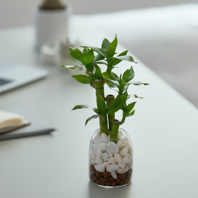 Lucky Bamboo Hydroponic Indoor Plant in Glass Vase with White Pebbles – Feng Shui Good Luck Desk Plant | Home &amp; Office Plant