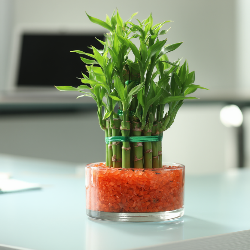 Cluster Lucky Bamboo Hydroponic Indoor Plant in Glass Bowl with Orange Pebbles – Feng Shui Good Luck Desk Plant