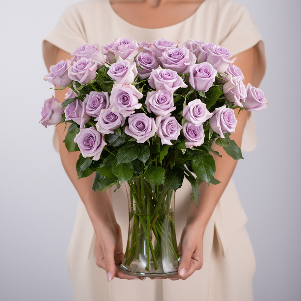 Person holding a bouquet of purple roses in a clear vase against a plain background