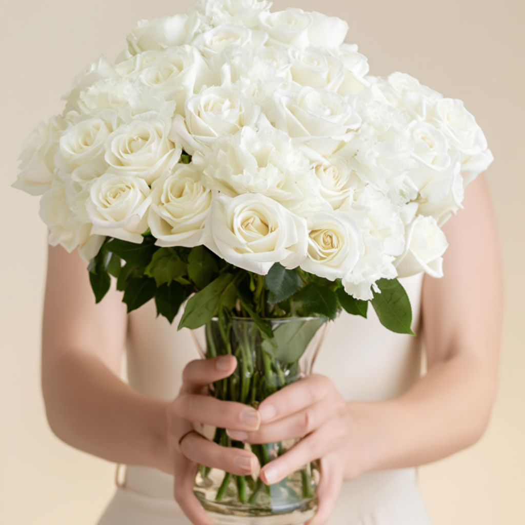 Bouquet of white roses held by a person against a beige background