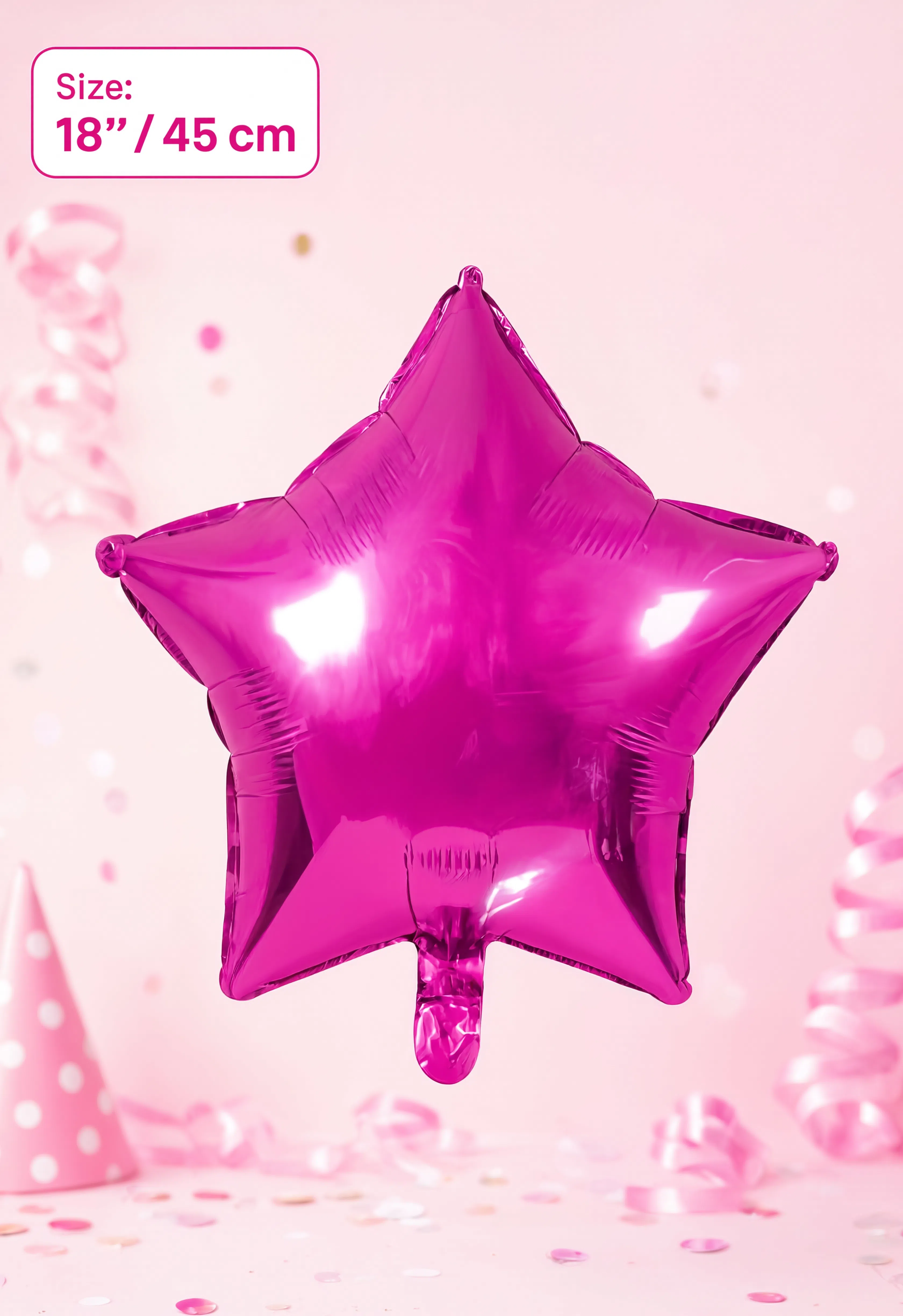 18-inch metallic magenta star-shaped foil balloon for birthdays, baby showers, bridal showers, anniversaries, and party decorations.