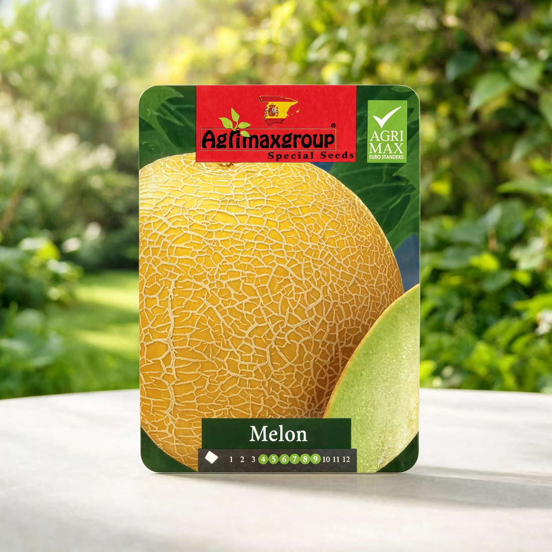 Agrimax premium melon seeds packet for growing sweet cantaloupe melons in home gardens, farms, raised beds, and greenhouses.