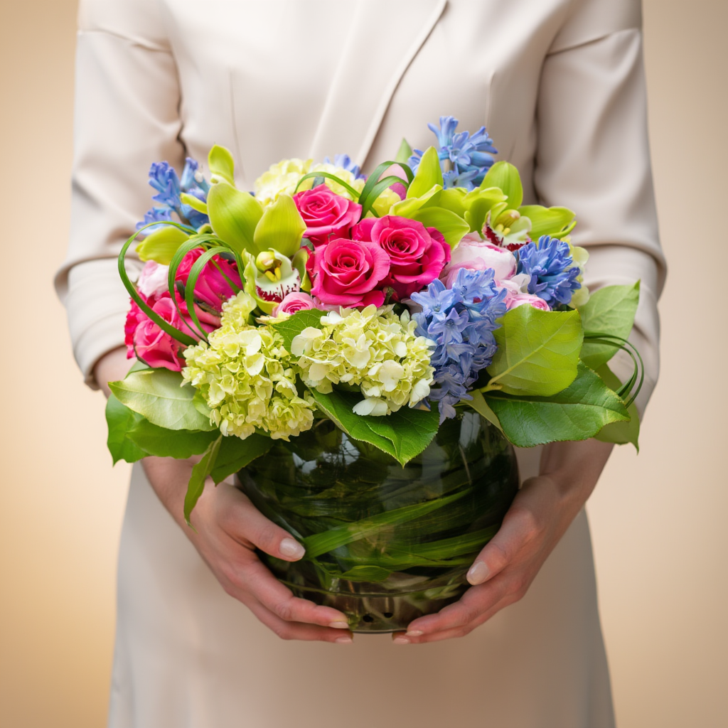 flowers in a clear vase against a neutral background