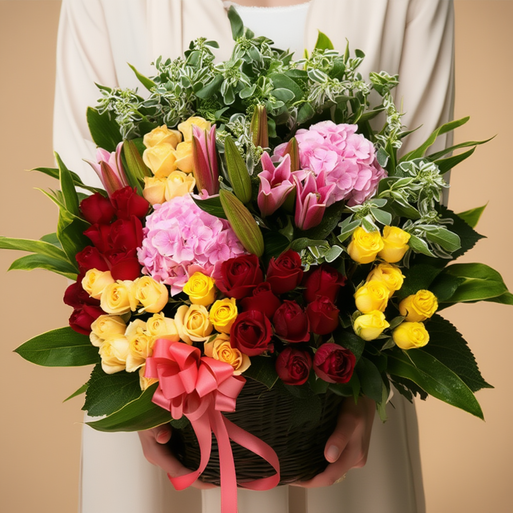 Bouquet of colorful flowers held by a person against a beige background