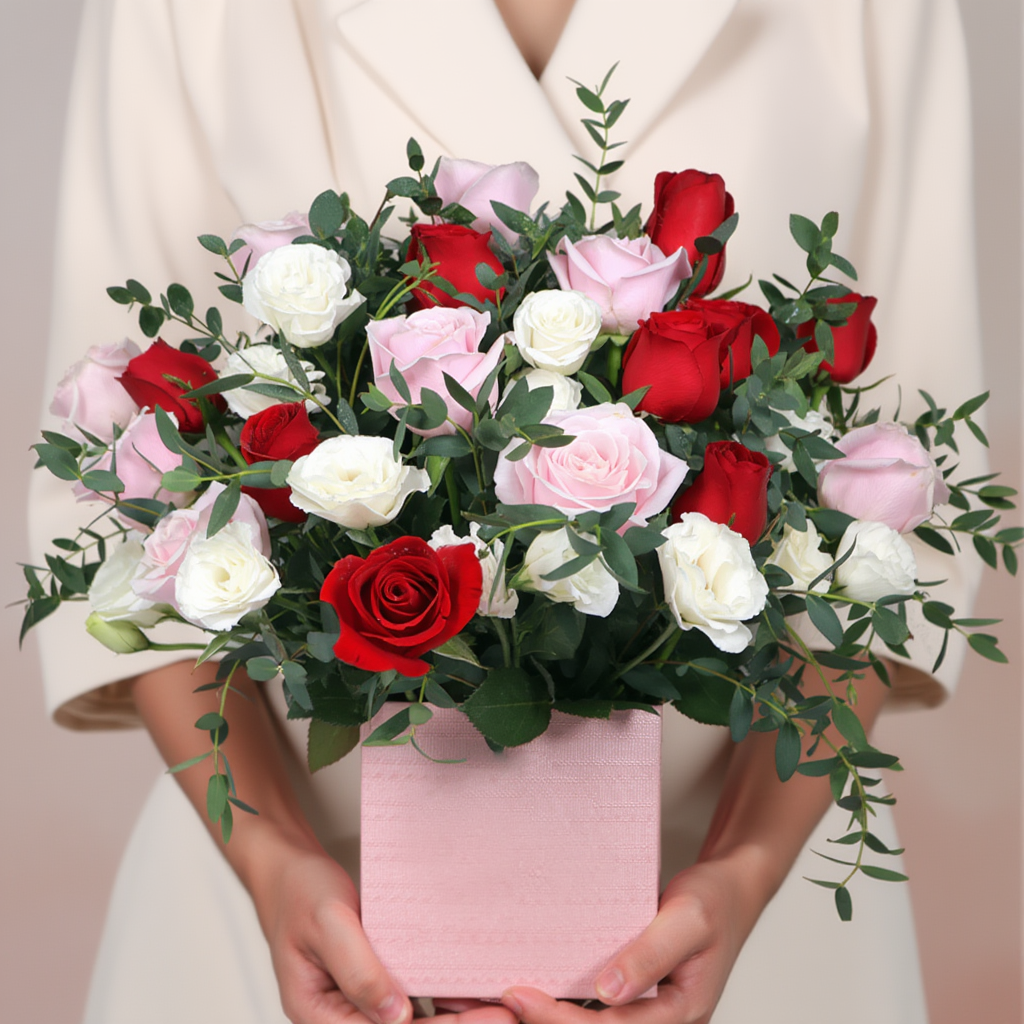 Luxury black box flower arrangement with red roses and mixed flowers