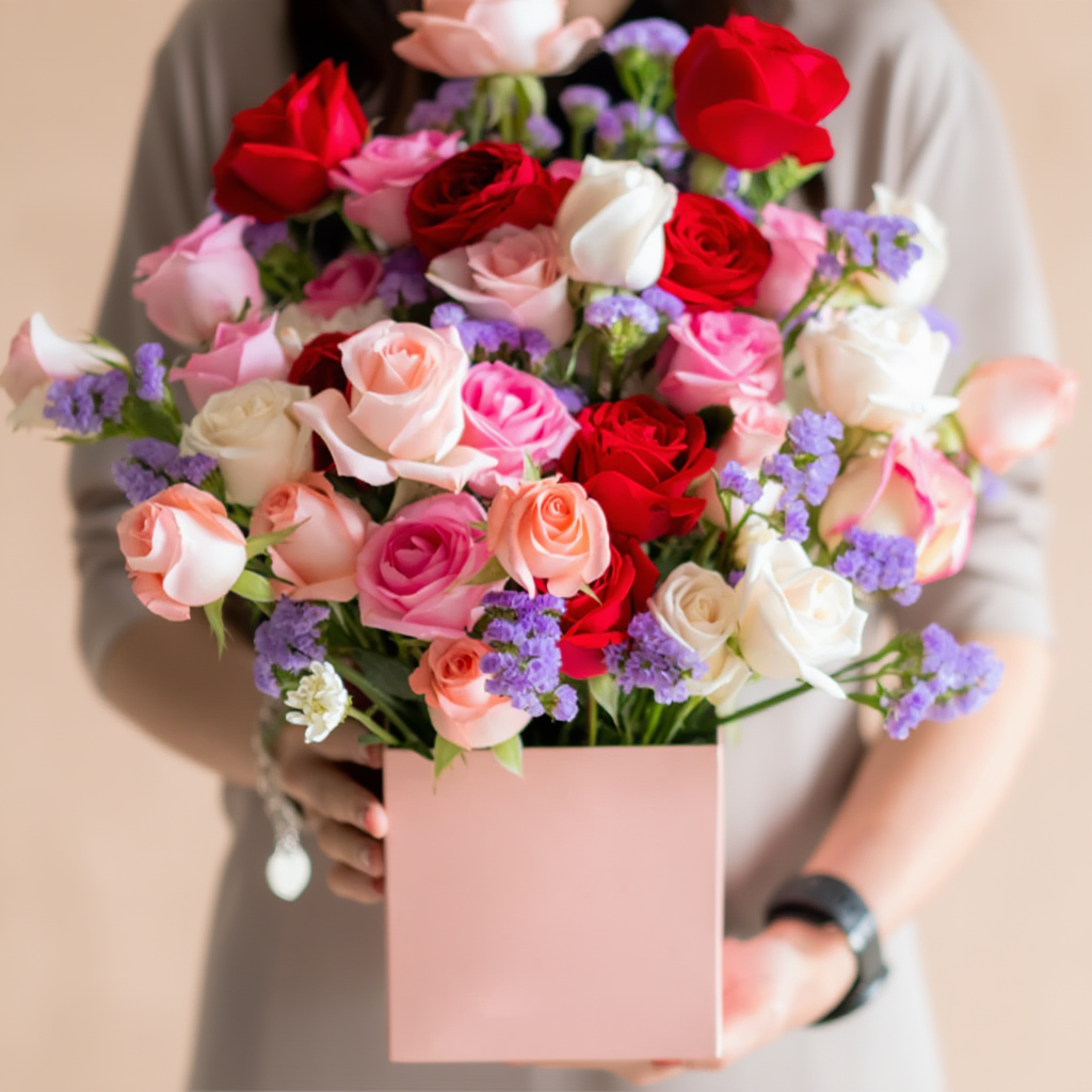 Luxury flower box with red white and pink roses
