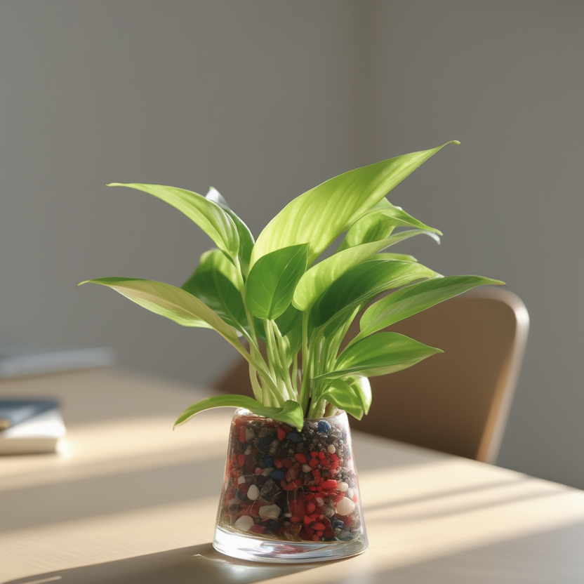 Golden Pothos Hydroponic Indoor Plant in Glass Vase – Money Plant Desk Décor with Decorative Pebbles | Air Purifying Plant