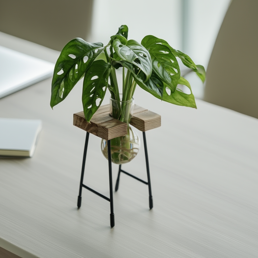 Monstera Adansonii Hydroponic Indoor Plant in Hanging Glass Vase with Wooden Stand – Swiss Cheese Plant Desk Décor