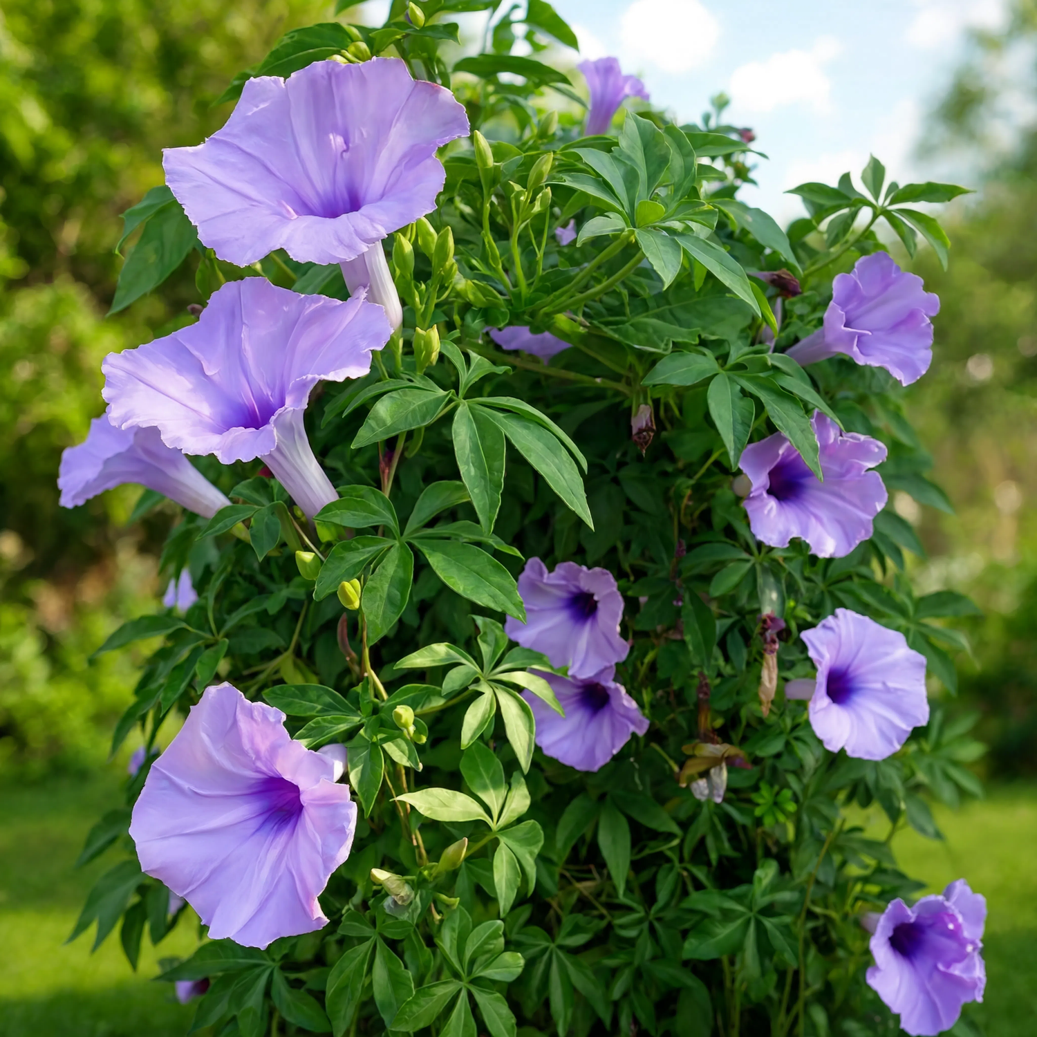 Morning Glory (Ipomoea cairica) outdoor climbing plant in nursery pot for gardens and landscaping in Dubai UAE