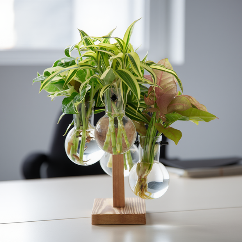 Mixed Hydroponic Indoor Plants in Multi Glass Vase Wooden Stand – Decorative Desk Plant Arrangement | Modern Office Décor