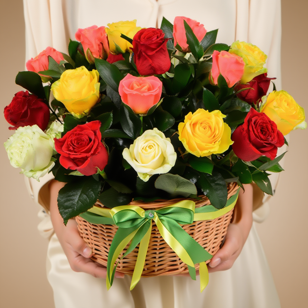 Bouquet of red, yellow, and pink roses in a wicker basket held by a person.