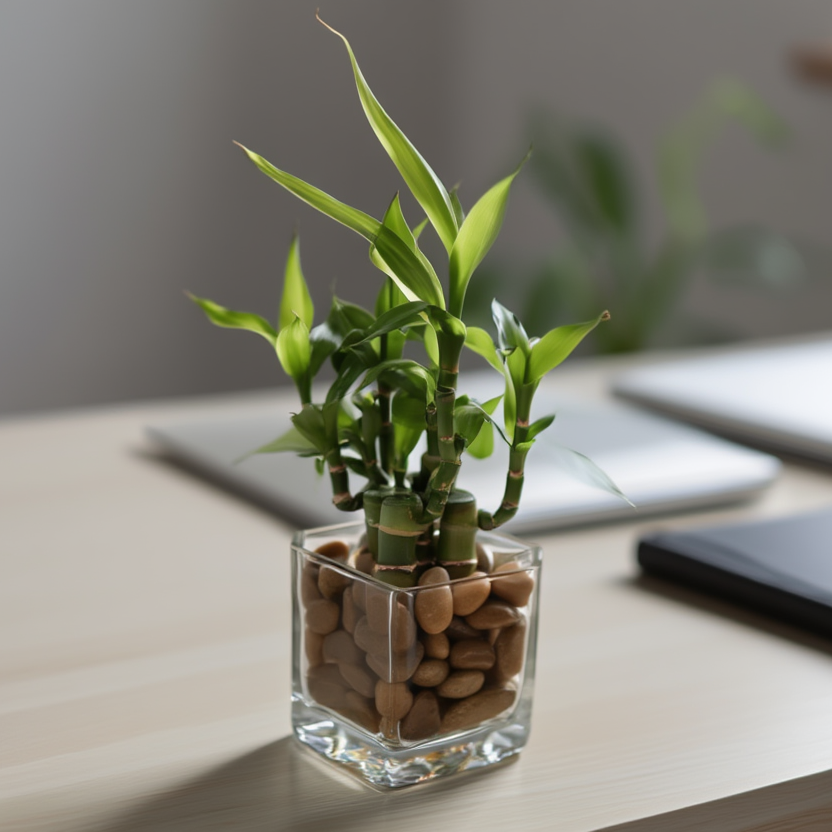 Mini Lucky Bamboo Hydroponic Plant in Square Glass Vase – Decorative Desk Plant with Pebbles