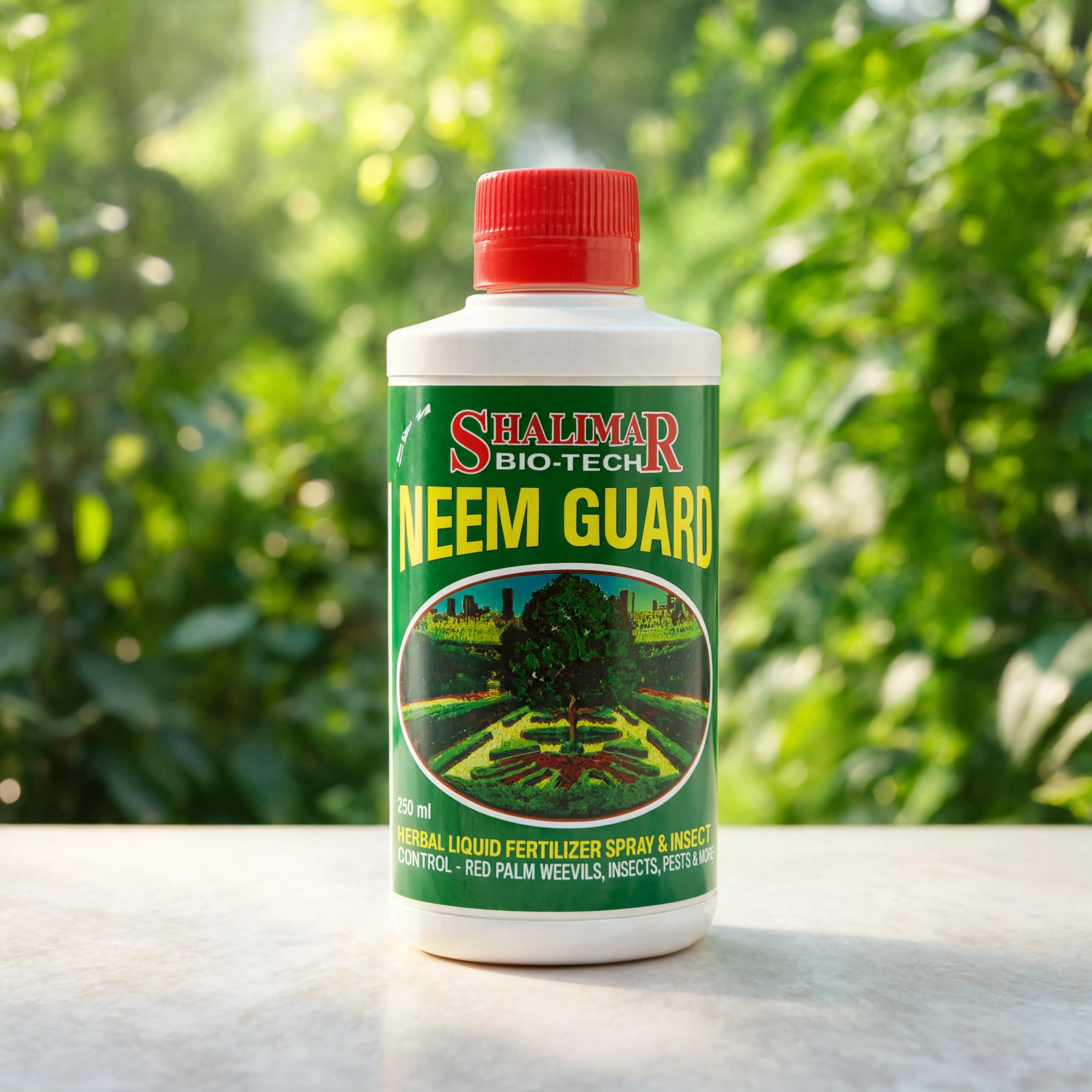 Shalimar Neem Guard herbal liquid fertilizer and natural insect control spray for indoor plants, outdoor plants, vegetables, flowers, and date palms.