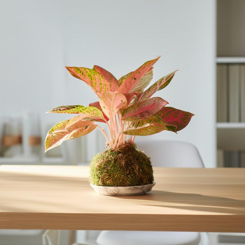 Aglaonema Pink Beauty Kokedama Indoor Plant – Decorative Air Purifying Desk Plant